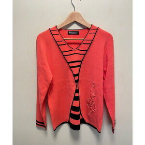 Vintage Womens Sweater Large Coral Cashmere Blend Floral Embroidered Artsy Wacky